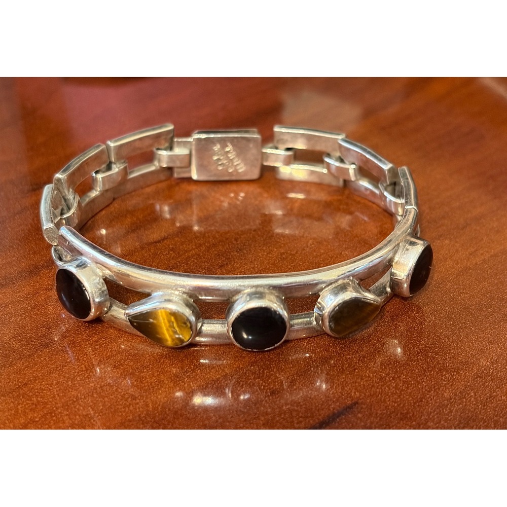 Taxco 925 Tiger Eye Onyx Heavy Link Bracelet 7" x 1/2" 44g